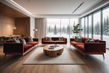 Fototapeta premium Wooden coffee table and two velvet sofas. Interior design of modern living room 