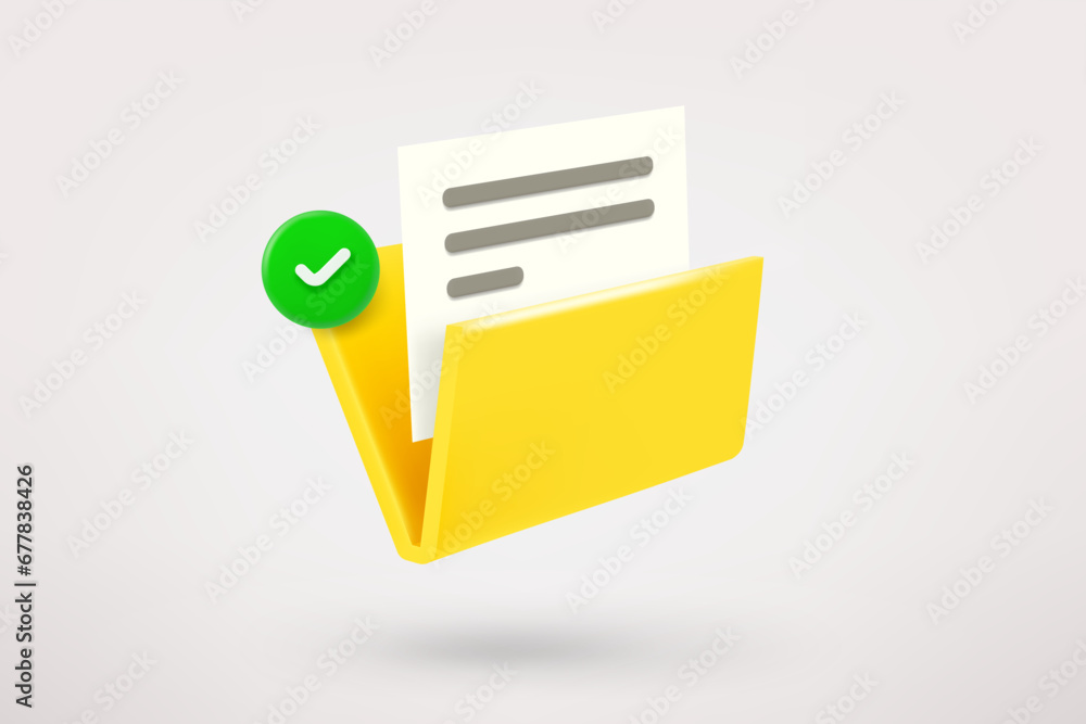 Poster Yellow document folder with green checkmark. 3d vector icon