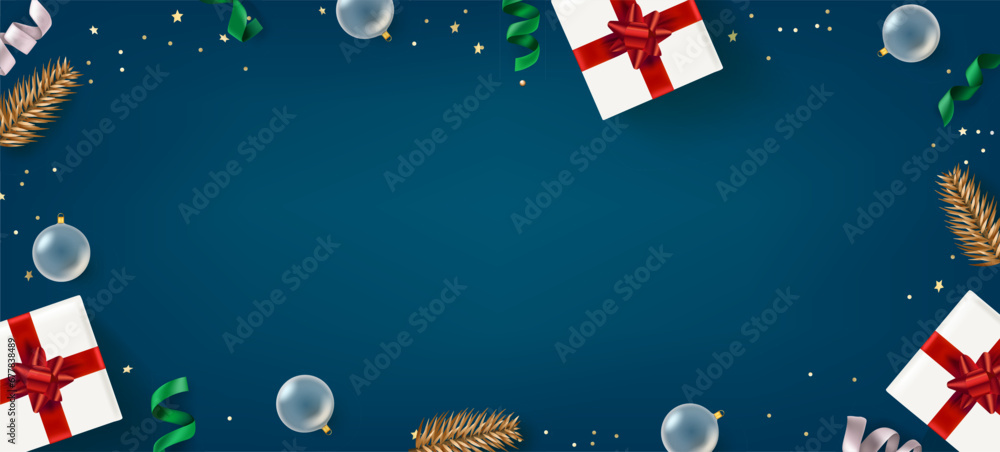 Poster christmas flat lay background with holiday elements. realistic vector card with copy space