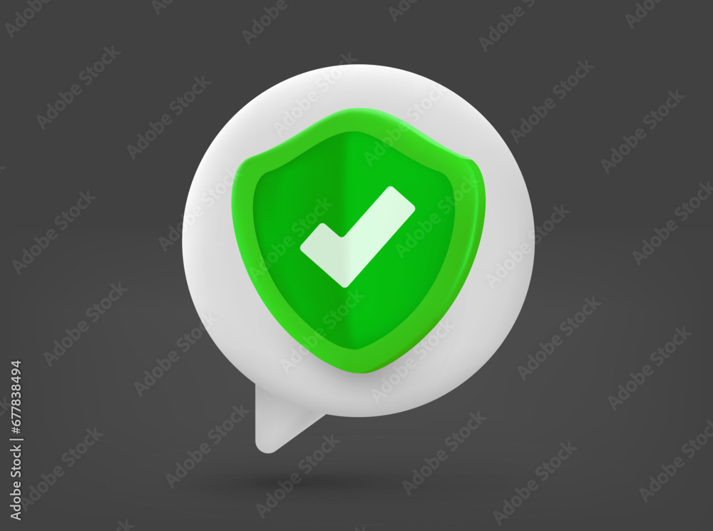 Poster speech cloud with green shield. 3d vector isolated illustration