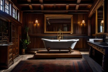 The rustic and historical design of a Tudor style house's bathroom, with vintage fixtures and a nod to the era's style