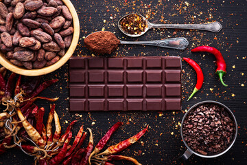 Dark chocolate bar, red hot chilli pepper cayenne,  dry hot chili spices, cocoa beans nibs powder,...