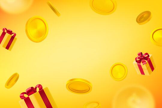 Golden coins and gift boxes falling down vector illustration