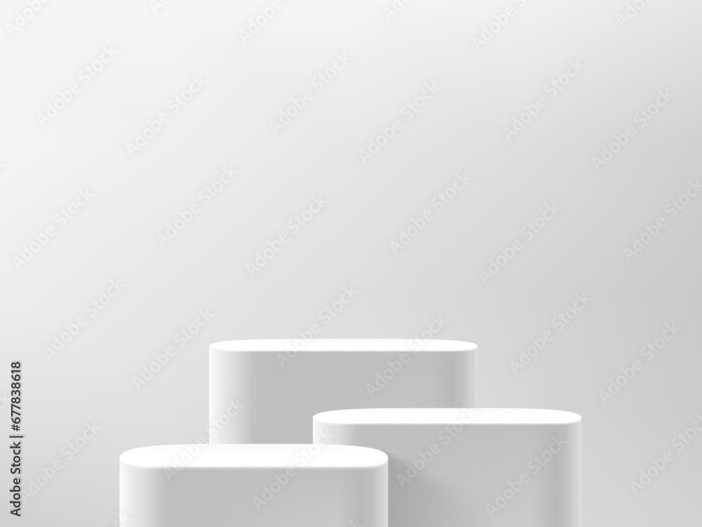 Poster showcase with three podiums шт white interior. 3d vector illustration with copy space