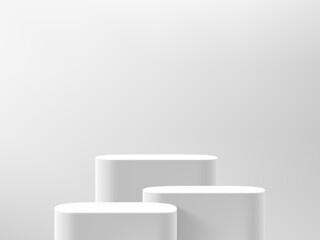 Showcase with three podiums шт white interior. 3d vector illustration with copy space