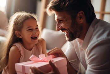Smiling father receives a present from daughter on Father's Day