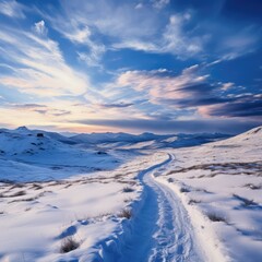 Snowy peaceful winter landscape with clouds over the snow