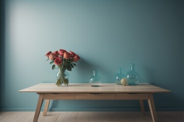 ooden table with glass vase with bouquet of roses flowers near empty, blank turquoise wall. Home interior background with copy space