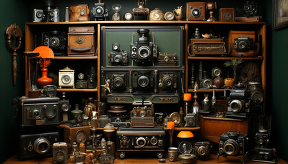 Antique camera, old equipment, obsolete lens, nostalgic photography collection generated by AI