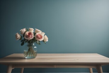 ooden table with glass vase with bouquet of roses flowers near empty, blank turquoise wall. Home interior background with copy space