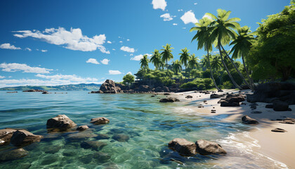 Idyllic tropical coastline, turquoise waters, palm trees, and mountains generated by AI