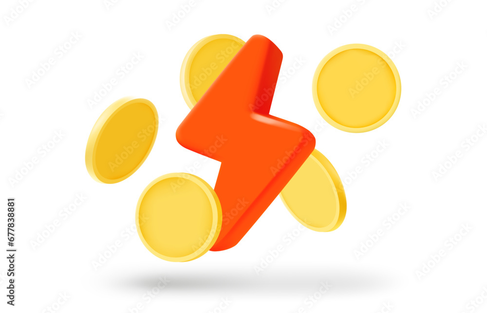 Poster red bolt with golden coins. successful business concept. 3d vector element