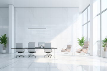 Fototapeta na wymiar Open space office interior with white walls. Workplace in modern elegant office