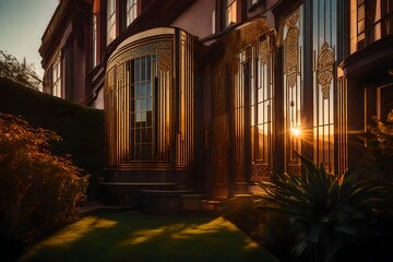 An enchanting view of an Art Deco residence's exterior, framed by the historical features and bathed in the soft light of the setting sun