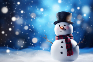 Happy smiling snowman on blurred snowy background with falling snowflakes. Christmas composition with copy space. Winter holidays concept
