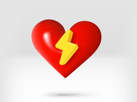 Red heart with golden thunderbolt. 3d vector illustration