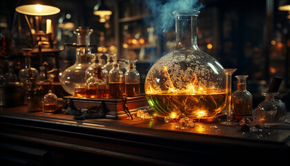 Fototapeta na wymiar Whiskey bottle on table, dark liquid in glass, luxurious drink generated by AI
