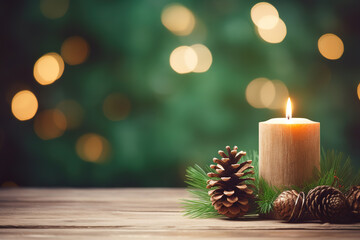 Fototapeta na wymiar Christmas - Banner Of 1 candle and xmas ornament, Pine-cones And green Spruce Branches minimal green background and lights in the back, with empty copy space