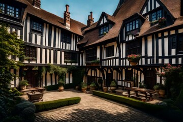 A Tudor style house's meticulously designed courtyard, evoking the historical beauty of Tudor architecture