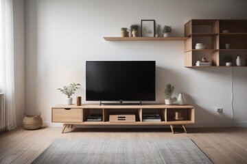 Wooden tv unit in spacious room. Scandinavian home interior design of modern living room