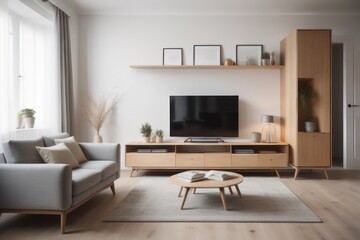 Wooden tv unit in spacious room. Scandinavian home interior design of modern living room