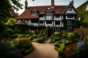 The historical tranquility of a Tudor style house's garden retreat, with a view of the historical landscaping and timeless design
