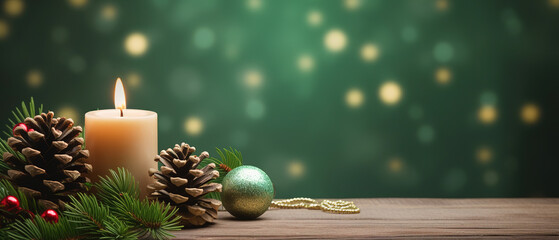 Christmas - Banner Of 1 candle and xmas ornament, Pine-cones And green Spruce Branches minimal green background and lights in the back, with empty copy space