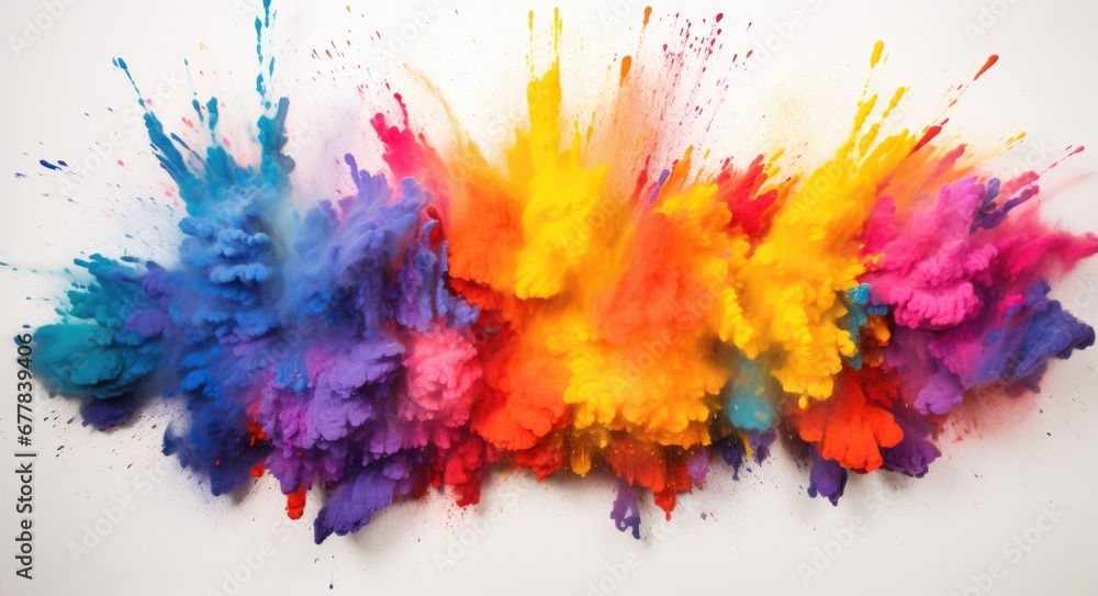 Poster a group of colored powders on a white surface. generative ai.