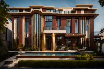 The harmonious blend of historical aesthetics and Art Deco design in a residence's exterior, with a focus on timeless beauty