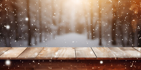 A wooden table with a winter landscape in the background Snow covered wooden deck with a tree in the foreground. AI Generative