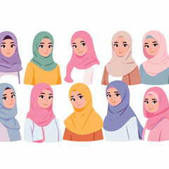 young muslim women wearing hijab in various styles vector illustrations on white background