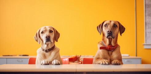 Two dogs sitting at a table with their paws on the table. Generative AI.