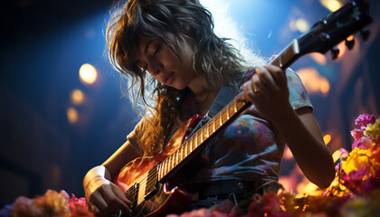 Naklejka premium A young adult musician playing an acoustic guitar on stage generated by AI
