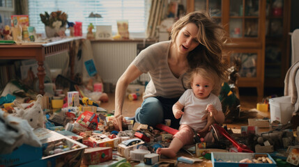 A mother sitting on the floor with her baby amidst a chaotic spread of toys, snacks, and household items, conveying a sense of overwhelming clutter and disarray in a living space. - obrazy, fototapety, plakaty