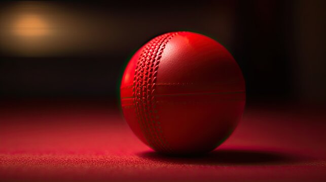 Dynamic image of a cricket ball in red background, propelled by a fast bowler, masterfully conveys the photography's ability to encapsulate the intensity and speed of the game