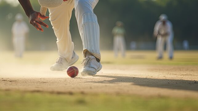 A photograph during cricket match, featuring the dynamic interplay of bowlers and batsmen on the pitch, adeptly captures the intensity and excitement of the game
