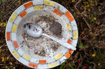 a plate and spoon covered with dirt, outdoor close up shot