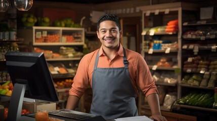 A smiling male cashier in a retail grocery store stands at the checkout counter with a point-of-sale system, dressed in a uniform with an apron and suspenders, ready to assist customers.