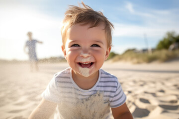 Cute baby boy having fun on beach in sand on sunny day. Summer vacation with kids concept