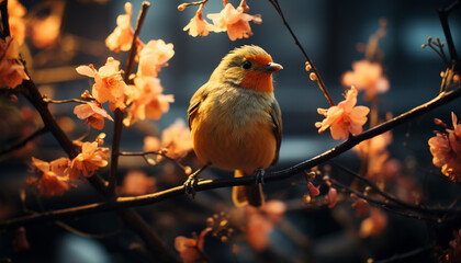 A small bird perching on a cherry blossom generated by AI