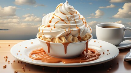 Coffee cup with caramel sauce and fluffy whipped cream. AI generate illustration - obrazy, fototapety, plakaty
