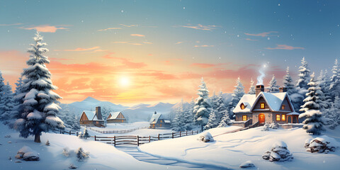 Fototapeta na wymiar Fantastic winter landscape with wooden house in snow with sunset Snowy Christmas background. AI Generative