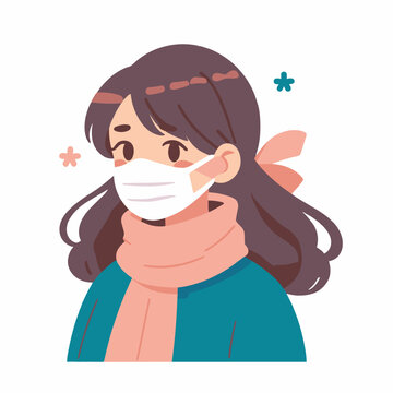 young woman wearing scarf mask because of cough and fever flat simple vector illustrations on white background