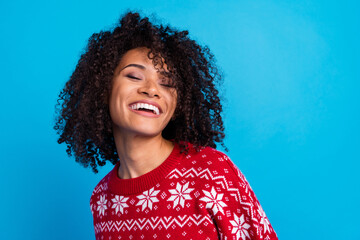 Portrait of relaxed youth lady dress warm red pullover enjoying her new year gifts made by family...