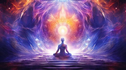 Meditation and the angelic energy, in the style of bright backgrounds, light violet and red, psychedelic figuration, zen buddhism influence, light indigo and amber, symbolic-vibrant - obrazy, fototapety, plakaty