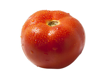 A single tomato stands alone. The tomato is placed against a transparent background. The tomato has been edited to perfection and is seen from the side. The image includes a clipping path and is in