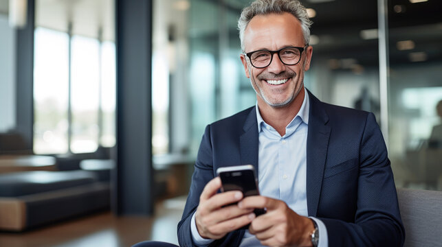 A middle-aged businessman, smiling while looking at his smartphone.