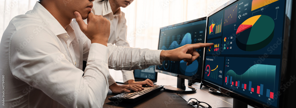 Poster analyst working on data analysis or bi dashboard on computer monitor. business team analyzing financ