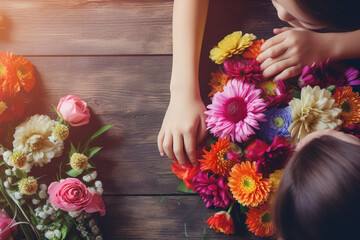 Naklejka premium A close-up of a child's hands arranging a bouquet for mom, adding a personal touch to the celebration, creativity with copy space