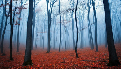 Tranquil autumn forest, mysterious vanishing point, colorful foliage growth generated by AI